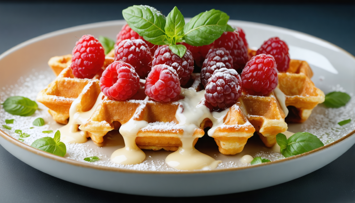 découvrez la recette des gaufres gourmandes au chocolat blanc, framboises fraîches et basilic, une explosion de saveurs délicates et originales qui ravira vos papilles.